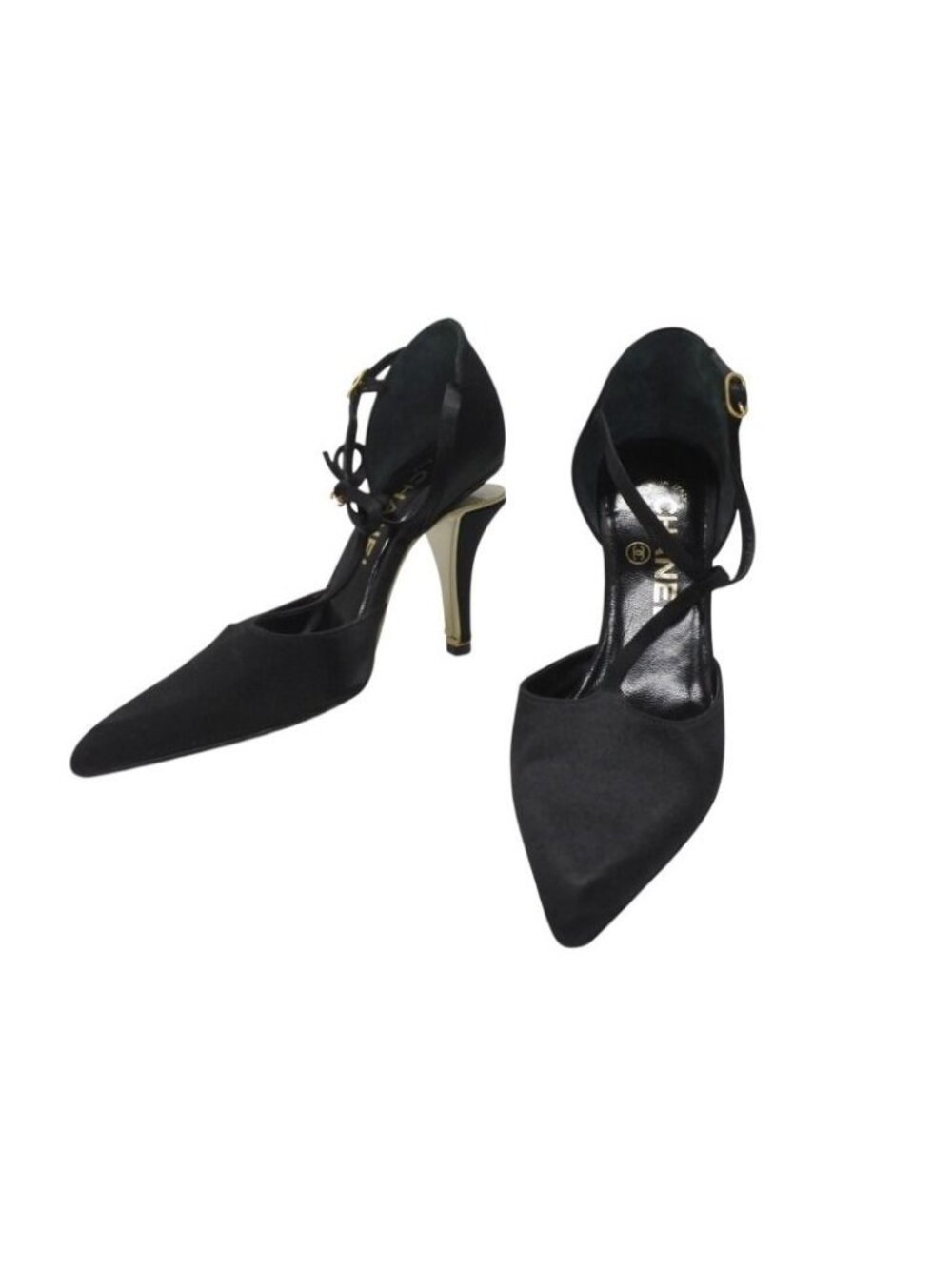 Chanel Stiletto Heels CC Logo Satin Black Goal